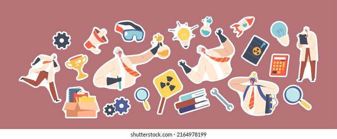 Set of Stickers Professor Wear Lab Coat and Rubber Gloves. Doctor Character Conduct Experiment, Evil Laughing, Writing Notes and Explode, Old Funny Scientist Man. Cartoon Vector Patches