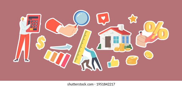Set of Stickers Property Value, Real Estate Appraisal Theme. Tiny Characters with Huge Calculator, Percent Symbol and Ruler, Hand with Magnifier, Gold Coins, House. Cartoon People Vector Illustration