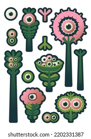 Set of stickers with psychedelic flowers with eyes on white background
