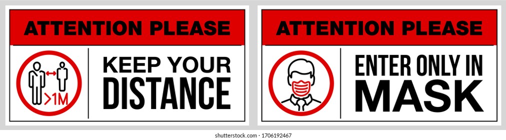 set of stickers for public institutions calling for prevention of coronavirus: keep distance 1 meter, wear a mask on face, stay at home. Prevention Coronavirus Covid 19 pandemic quarantine banner set