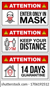 set of stickers for public institutions calling for prevention of coronavirus: keep distance 1 meter, wear a mask on face, stay at home. Prevention Coronavirus Covid 19 pandemic quarantine banner set