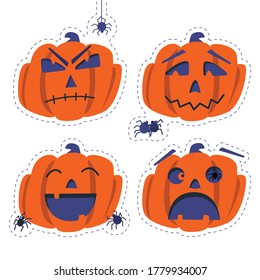 Set of stickers with pumpkin for all saints day. The character is in various emotional states. Pumpkin-Spider Interaction on Halloween. Flat illustration