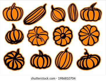 A set of stickers, pumpkins of different types. Design for plotter cutting. Multi-colored simple illustration