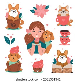 The set of stickers with puppies is and cute girl for birthday party. The dogs in love with cupcake, cup, flowers is good for holiday designs, dog days. The vector illustration