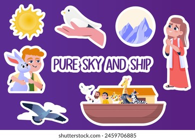 Set of stickers Pure sky and ship in flat cartoon design. These stickers depict Noah's happy family, rescued animals and beautiful nature after the rain has ended. Vector illustration.