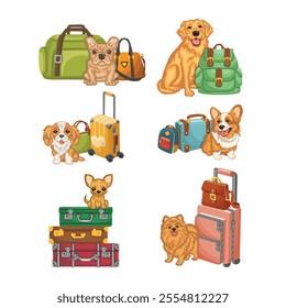 Set of stickers of purebred dogs travelers illustration vector