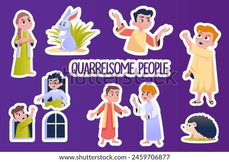 Set of stickers Quarrelsome people in flat cartoon design. This set of stickers shows angry people in a bright, playful style. Vector illustration.