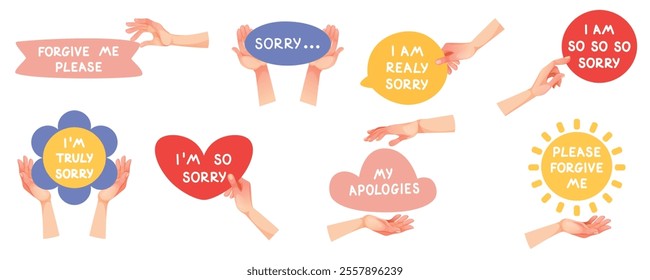 Set of stickers with quotes forgive in hand. Hand holds a letter with apologies. Sorry. Vector illustration on white background.