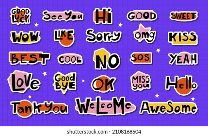 Set stickers with Quotes and phrases for paper mail, diary or notebook decor. Dialog words love, good bye, omg. Hand drawn sketch doodle style. Chat, mail  and message elements. Vector illustration.