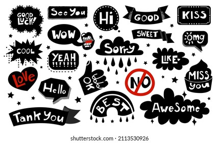 Set stickers with Quotes and phrases for paper mail, diary or notebook decor. Dialog words WOW, Like, Kiss. Hand drawn sketch doodle style. Chat, mail  and message elements. Vector illustration.
