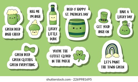 Set of stickers and quotes for St. Patrick's Day. Collection of adorable elements. Kawaii style clip arts. Various festive symbols. Cute beer bottle, mug,  leprechaun hats, shamrocks, beer barrel. 