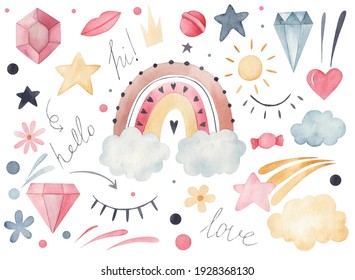 set of stickers rainbow, diamond, clouds watercolor illustration on white background