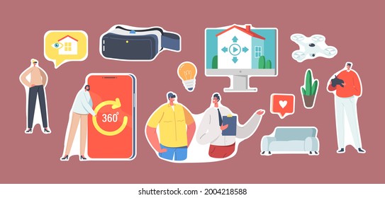 Set Of Stickers Real Estate Virtual Tour Theme. Realtor And Clients Distantly Choose Apartment For Buying Or Rent. Tiny Character With Huge Smartphone With App. Cartoon People Vector Illustration