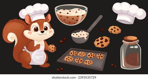 A set of stickers for a recipe for making chocolate chip cookies. Animal squirrel, confectioner, preparing cookies. cartoon style