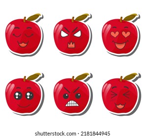 Set of stickers red apple with kawaii emotions. Flat vector illustration of an apple with emotions On a white background.