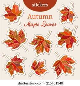 Set stickers with red autumn maple leaves and ocher color streaked leaves