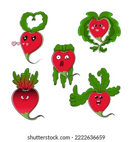 A set of stickers of red beet smiles with different emotions. Emoticons to show emotions in messages, stickers, when communicating.