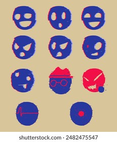 set of stickers with red and blue neon glitching emoji character expressions