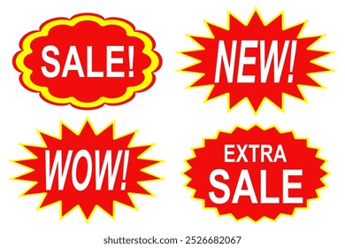 Set of stickers red sale labels, discount price tags mockups. promotional sales tag vector template set. Retail product sticker elements with deal