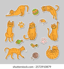 a set of stickers of red tabby cats and toys, hand-drawn in a cartoon style.