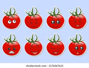 Set of stickers red tomato with kawaii emotions. Flat vector illustration of a tomato with emotions On a blue background.