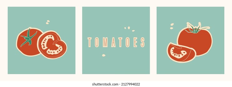 Set of stickers with red tomatoes. Cut the tomato in half, quarter and seeds. Diet healthy vegetarian food. Vector retro illustration for menu design, poster, postcard, print.