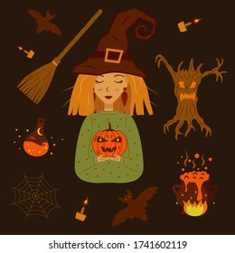Set of stickers. Red-haired girl witch in a hat holds a pumpkin Jack. Potion at the fire, bats and broom. Tree monster with burning eyes, candles, cobweb. Happy Halloween. Vector cartoon illustration 