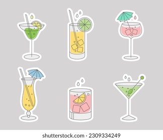 Set of stickers with refreshing fruit cocktails with various drinks, ice cubes, straws and umbrellas. Drink icons, cafe menu, vector