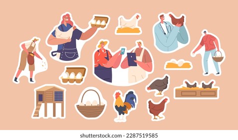 Set Of Stickers Related To Chicken Livestock. Vet Doctor, Men And Women Farmers Tending To Chickens On Farm