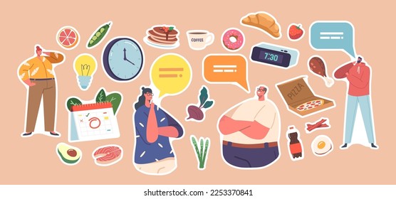 Set of Stickers Related to Food Choice. Male Female Characters Choose between Healthy and Unhealthy Meals. Man or Woman Products Eating Priorities Isolated Elements. Cartoon People Vector Illustration