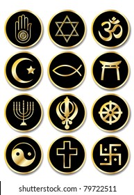 A set of stickers - Religious symbols. Gold isolated on black. EPS10 vector format.