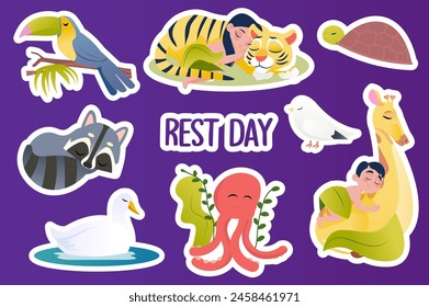 Set of stickers Rest day in flat cartoon design. In this illustration, cute animals and people are resting together enjoying the peace. Vector illustration.