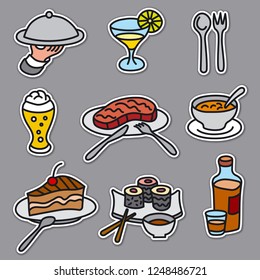 set of stickers of restaurant and cafe food and dishes