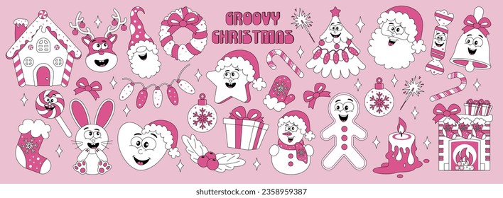 Set of stickers with retro cartoon characters New Year, Christmas. Vector illustration in pink colors in 80s, 90s style.