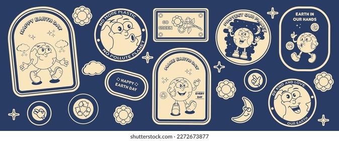 Set of stickers of retro cartoon planet earth in monochrome palette with lettering - earth day, plastic free planet, protect planet in 90s, 2000s. Vector illustration.