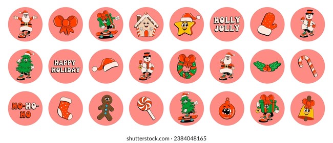 Set of stickers in retro cartoon style Merry Christmas and Happy New Year. Modern vector illustration in 70-80s style. Santa Claus, gingerbread cookies, ho-ho, mittens, house, tree, decorations.