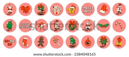Set of stickers in retro cartoon style Merry Christmas and Happy New Year. Modern vector illustration in 70-80s style. Santa Claus, gingerbread cookies, ho-ho, mittens, house, tree, decorations.
