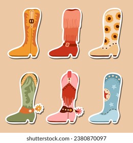 Set of stickers with retro cowgirl boots for planners, notebooks. Ready for print list of cute Wild West stickers. Simple vector doodles of cowboy western boots with traditional pattern, fringe, spur.