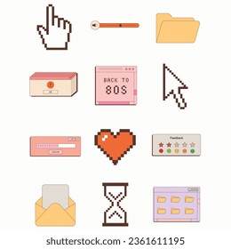 A set of stickers with retro PC elements. Old computer concept. Set of user interface elements in trendy retro style. Nostalgia for the 1980-1990s.
