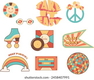 set of stickers in retro style, 90s, 2000s, y2k, 00s, Isolated vector illustration
