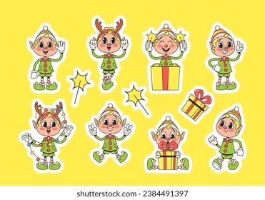 Set of Stickers Retro-style Christmas Elves Cartoon Characters Wear Vintage Outfits, With Classic Pointed Hats