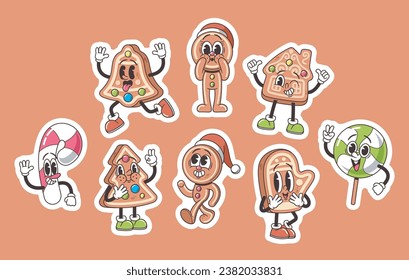 Set of Stickers with Retro-style Christmas Sweets Characters. Nostalgic Gingerbread Man, Candy Cane, And Lollipop