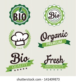Set of stickers and ribbons, organic and bio food badge concept, vector illustration