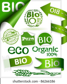 Set of stickers, ribbons, stamps and labels with words: eco, bio, pure and organic