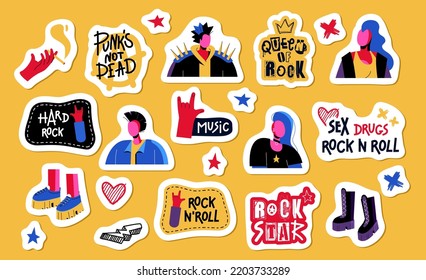 Un conjunto de stickers: punks rock, mohawks, rock duro, rock and roll y anarquía. Cuernos, esas rocas