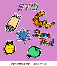 Set of stickers for Rosh Hashanah. Shofar. 5779 Paper style. Sketch, doodle, hand draw. Lettering inscription translated Shana Tova Happy Rosh Hashanah. Torah scroll, honey, apple. Vector illustration