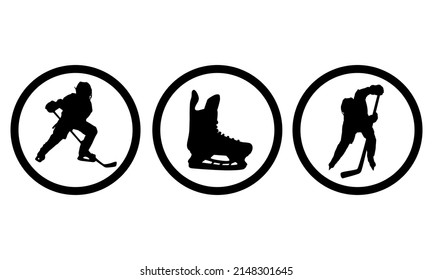 A set of stickers in a round frame with hockey players in motion and a skates. Isolated black silhouette on a white background. Flat vector design, decoration, print, awards, sports banners, etc.