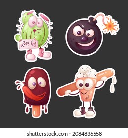 Set of stickers. Sad cactus, angry bomb, popsicle and ice cream.