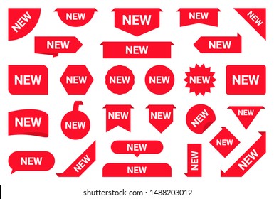 Set of stickers, sale tags and labels. Shopping stickers and badges for merchandise and promotion, special offer, new collection, discount etc. Red labels for web banners in different shapes. Vector