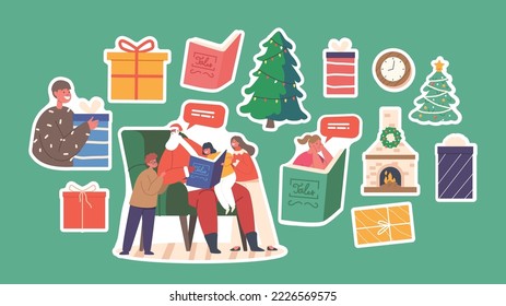 Set of Stickers Santa Claus Character Read Stories to Children, Saint Nicholas Sitting on Armchair with Book in Hands, Tree, Gift Box, Fire Place, Little Kids at Eve Night. Cartoon Vector Patches Pack
